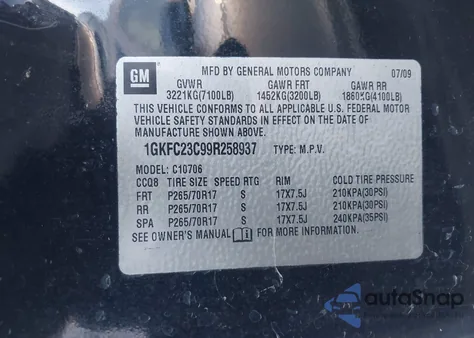 2009 GMC Yukon Sle1 z USA, uszkodzony, nr VIN 1GKFC23C99R258937